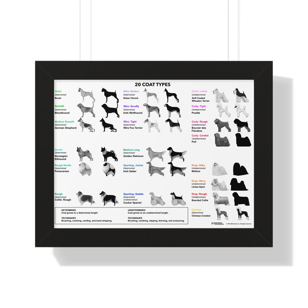 20 Coat Types Chart - Framed Horizontal Poster for Pet Lovers